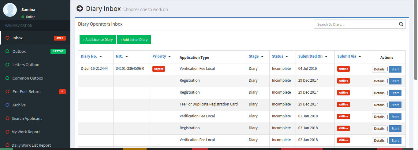Diary Operator Inbox